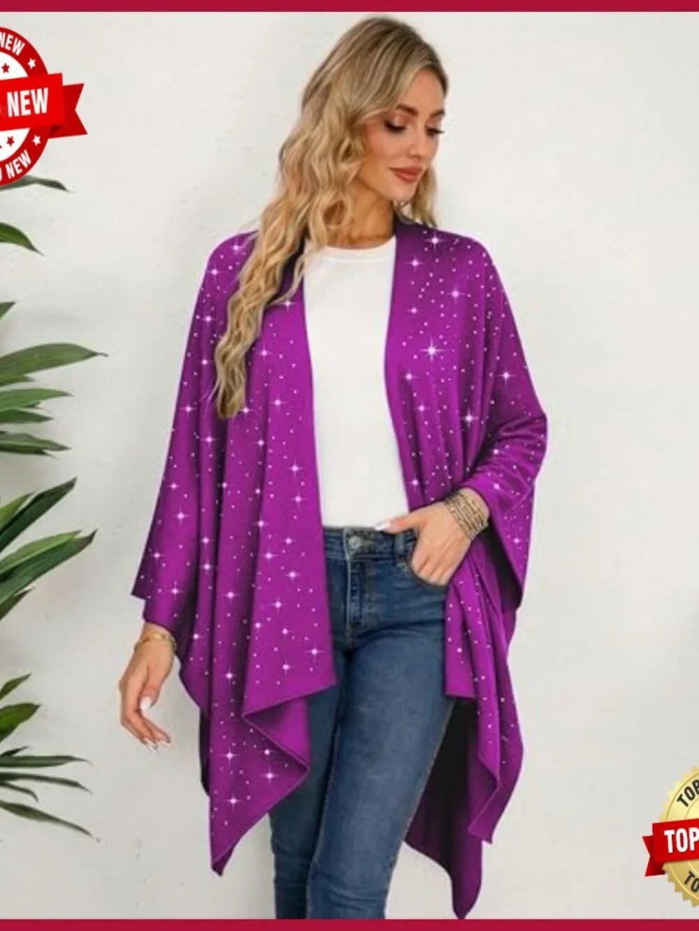 Open Front Rhinestone Poncho Shawl Wrap Cape Cardigan Ruana - Picture 2 of 5